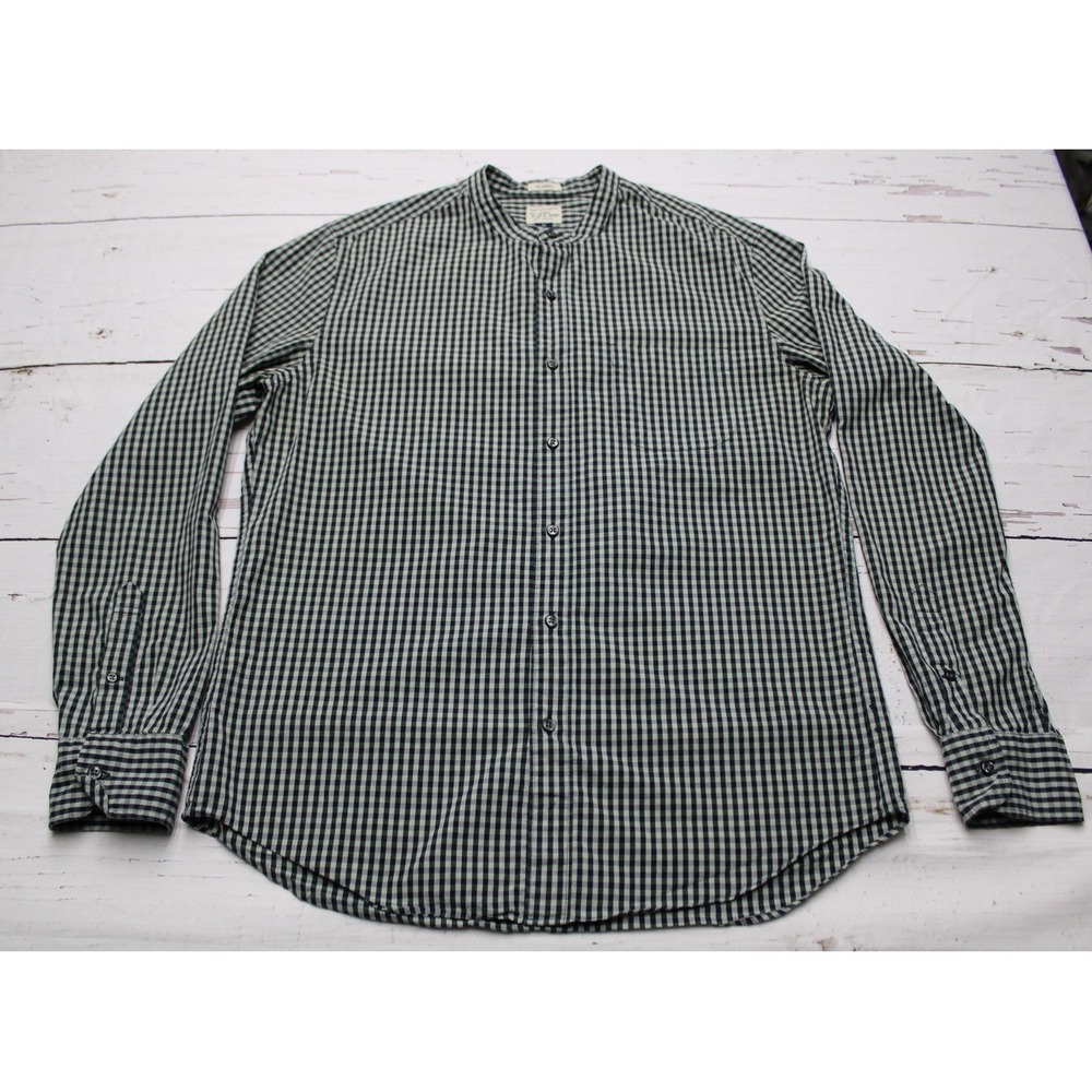 J.Crew Band Collar Secret Wash Stretch Shirt Green Black Gingham Medium Preppy